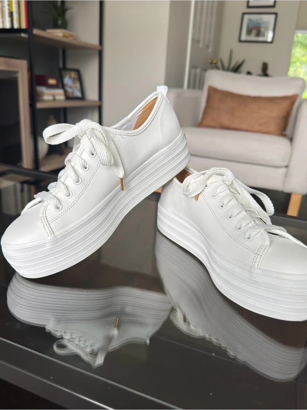 Keds White Platform Lace-Up Sneakers with Gold Eyelet Detail